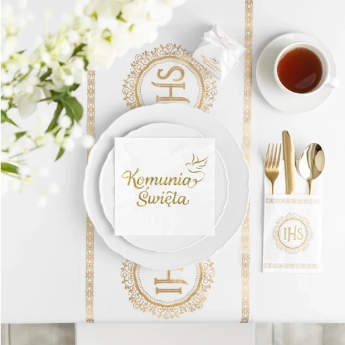 Dekoracja na stół organza bieżnik chrzest święty